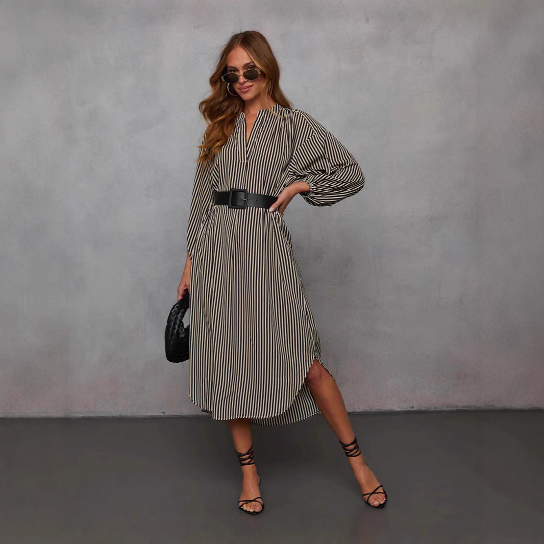 Striped Belted Long Sleeve V-Neck Midi Dress