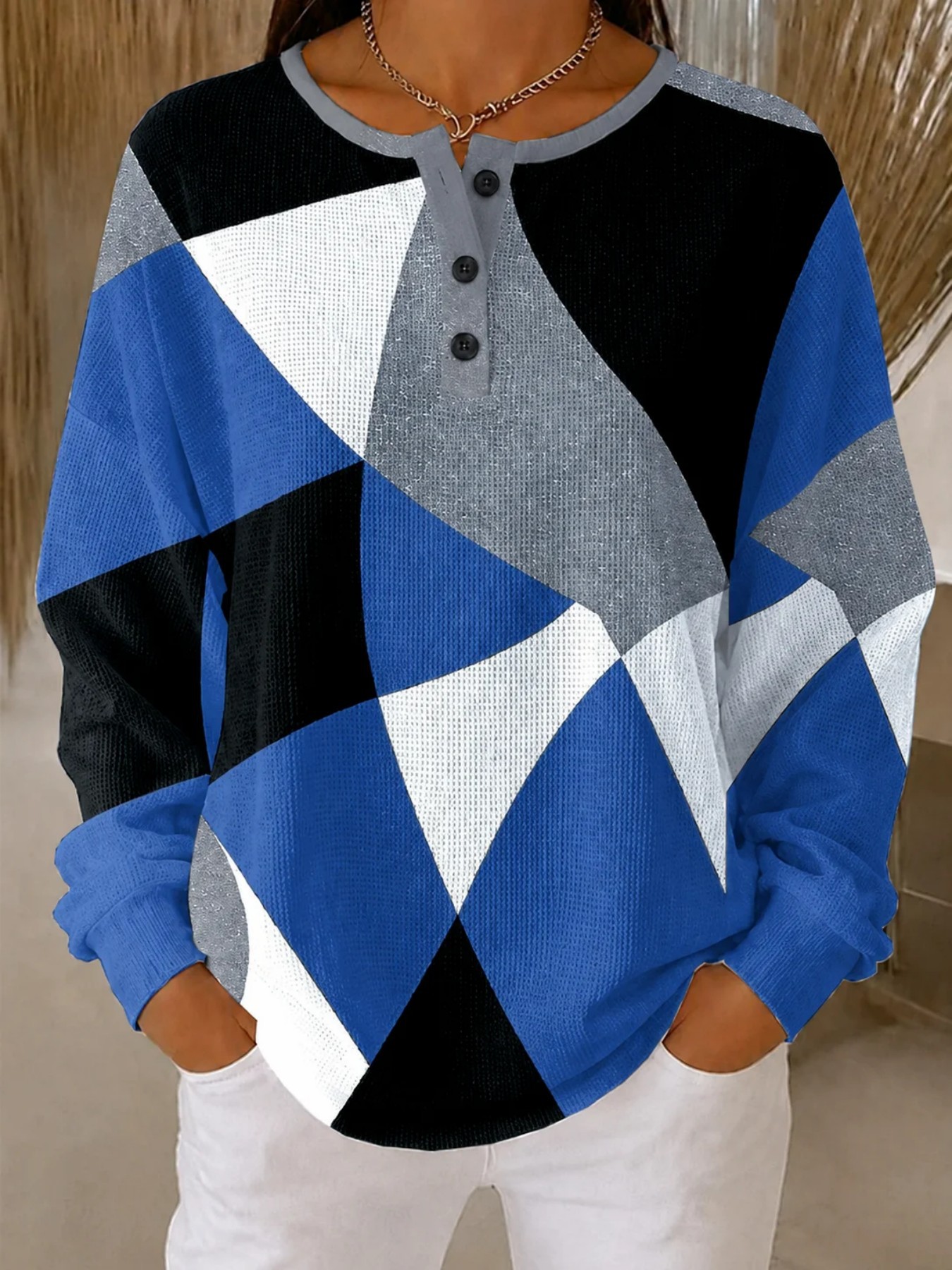 Plaid Colorful Print Crewneck Long Sleeve Pullover Sweatshirt