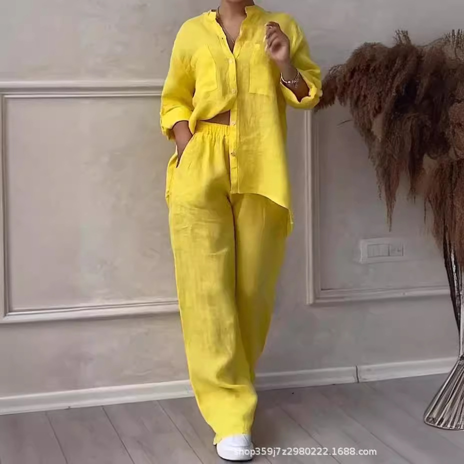 Cotton-Linen Solid Shirt & Drawstring Wide-Leg Pants Set