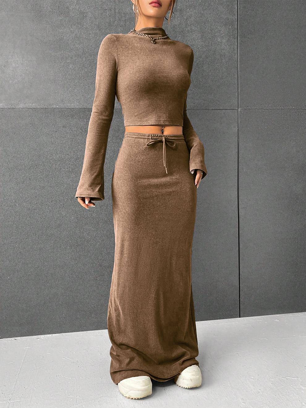 Solid Color Long Sleeve Top and Long Pants Two-Piece Set