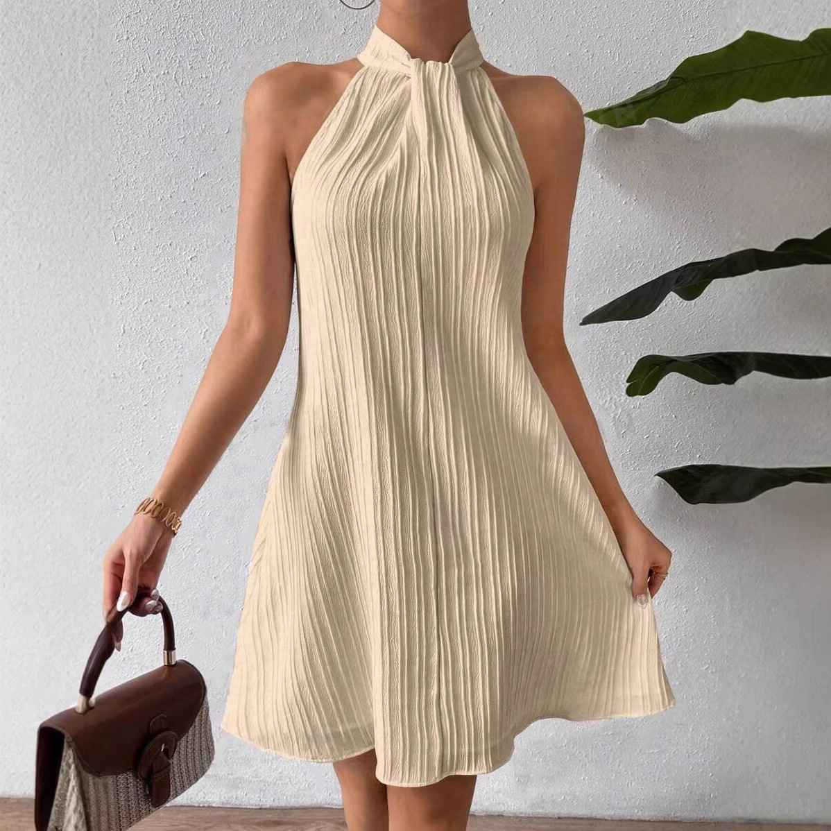 Women's Halter Neck Pleated Cross Short Dress