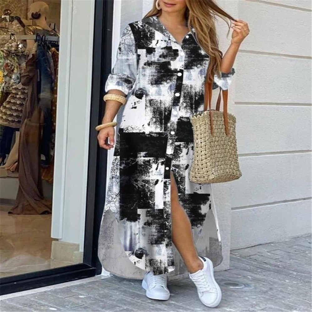 Women's Single-Breasted Collared Long Shirt Dress Loose Fit