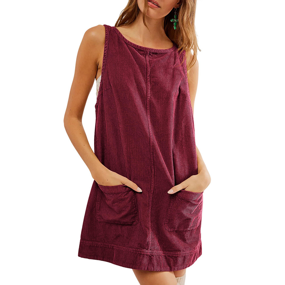 Corduroy Sleeveless A-Line Dress Y2K Round Neck Pullover