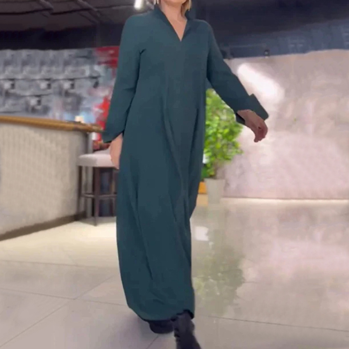 Women's Solid V-Neck Long Sleeve Loose Flowy Maxi Dress