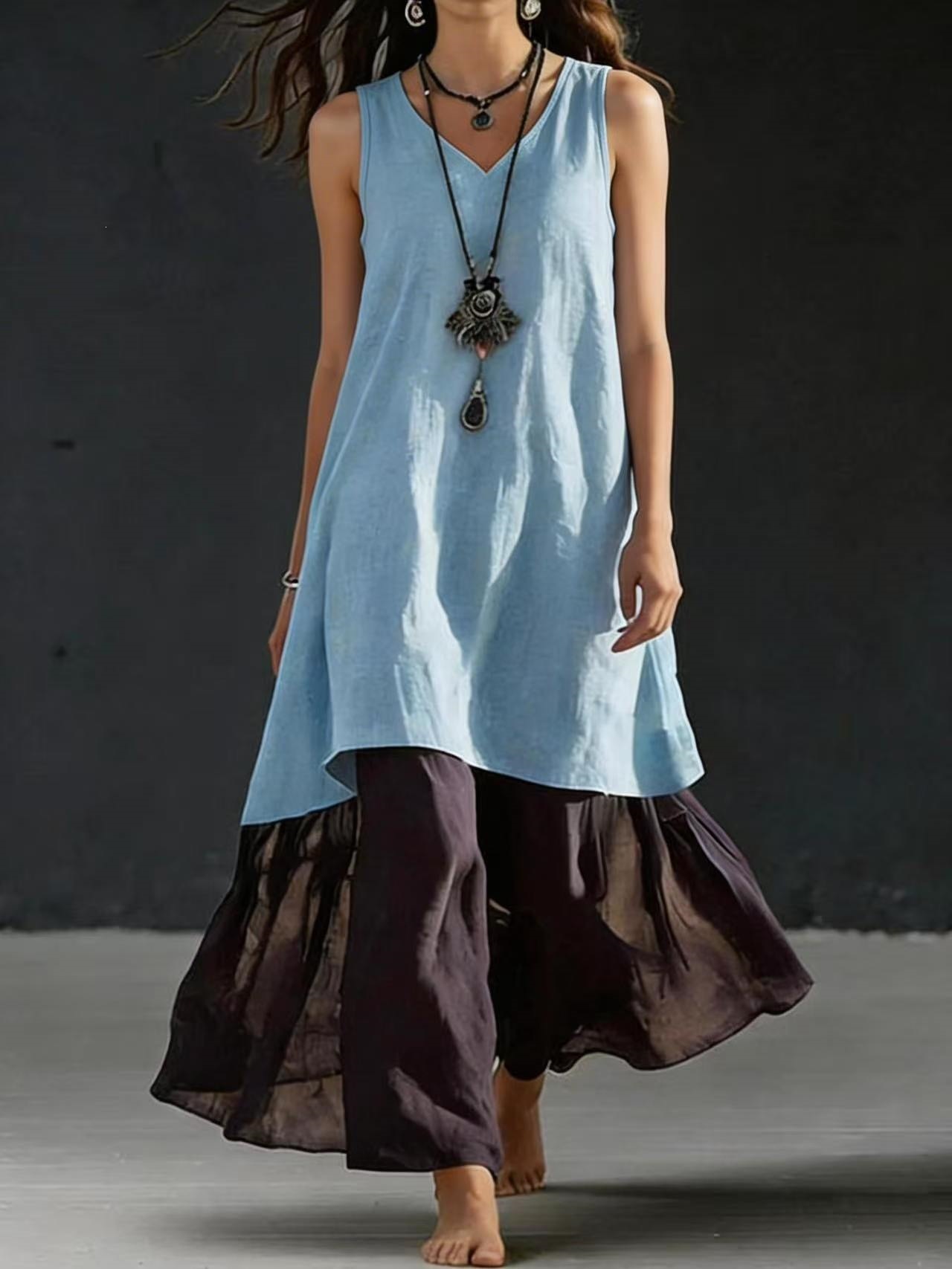 Solid Color Sleeveless V-Neck A-Line Maxi Dress