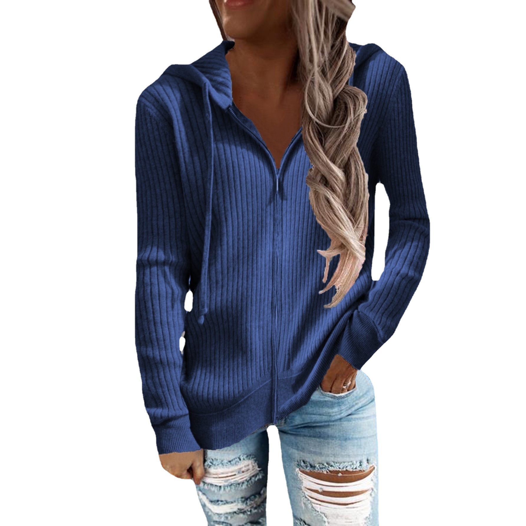 Women's Striped Hooded Zip-Up Knit Cardigan Sweatshirt