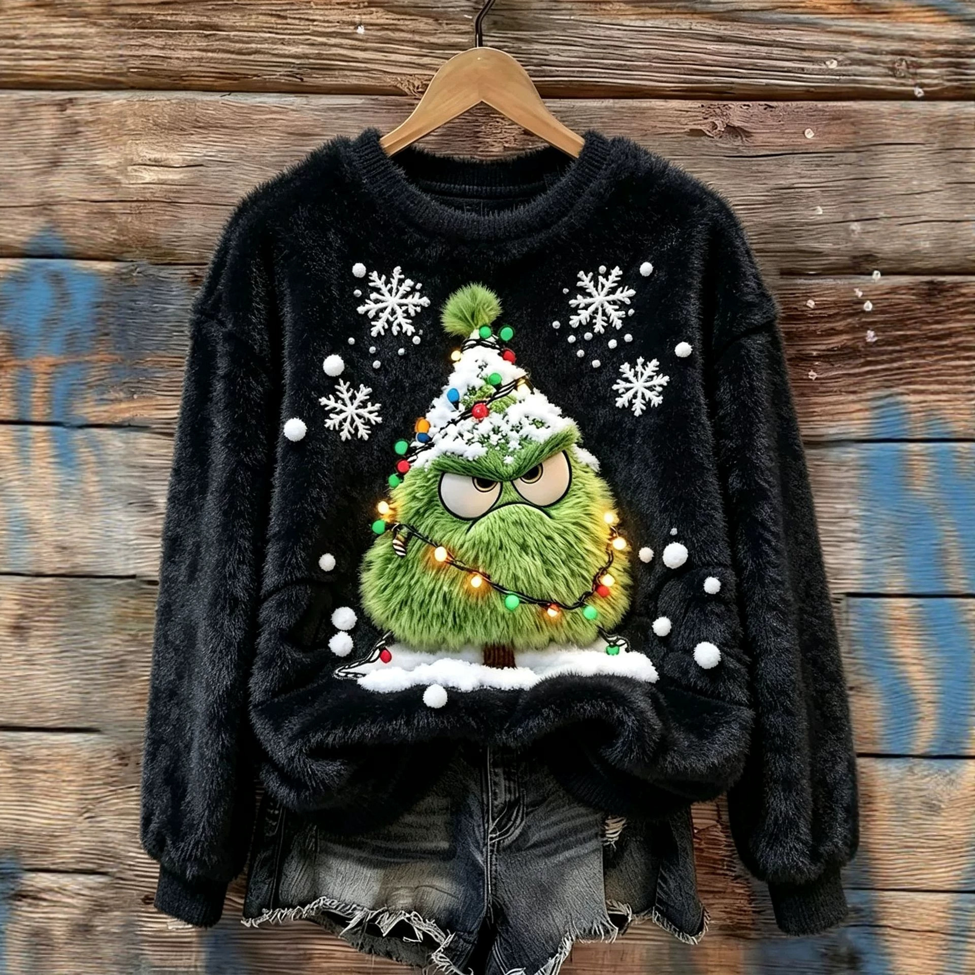 Goblin Snowflake Print Long-Sleeve Pullover Fleece Sweatshirt