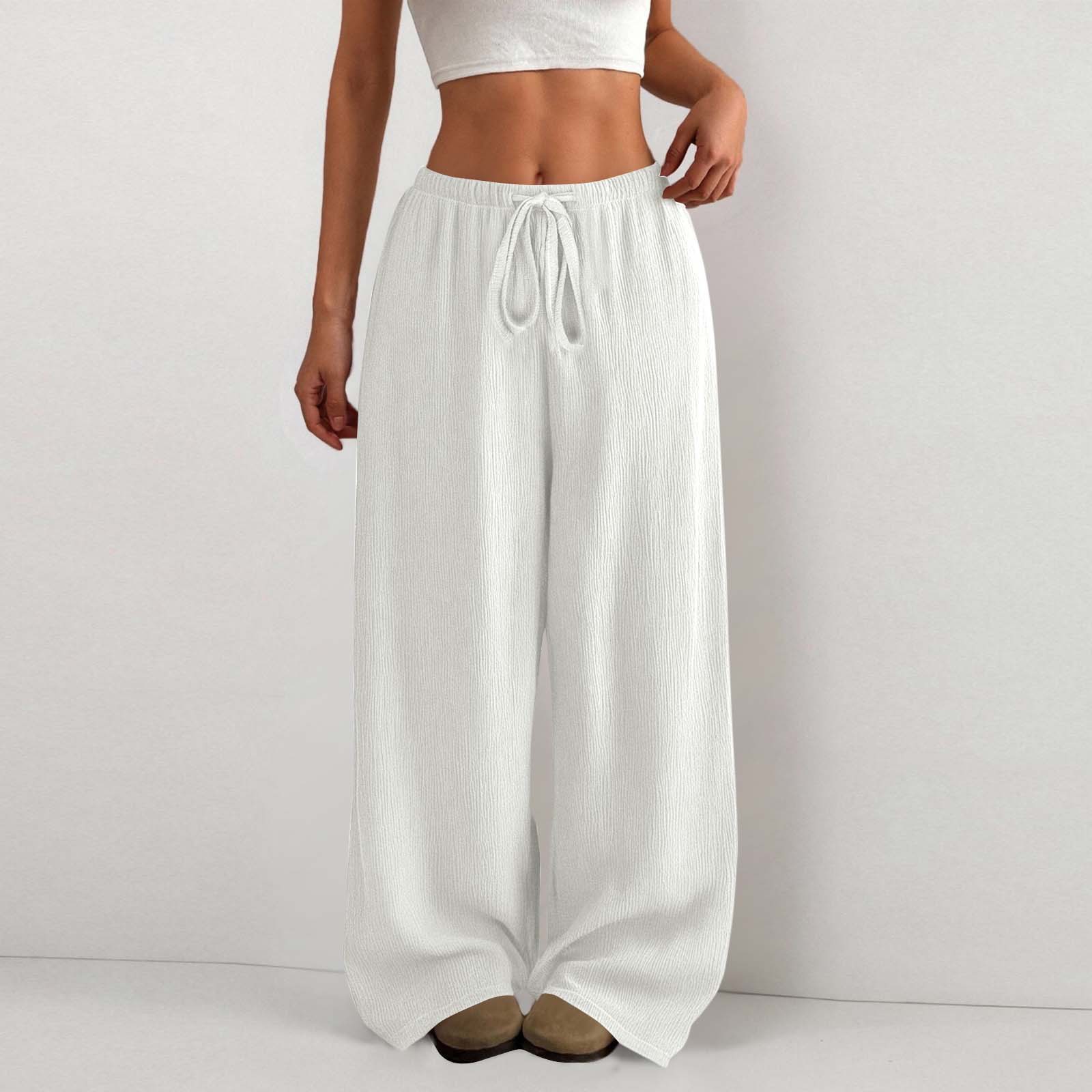 Women's Solid Crinkle Wide-Leg Pants with Drawstring Waist