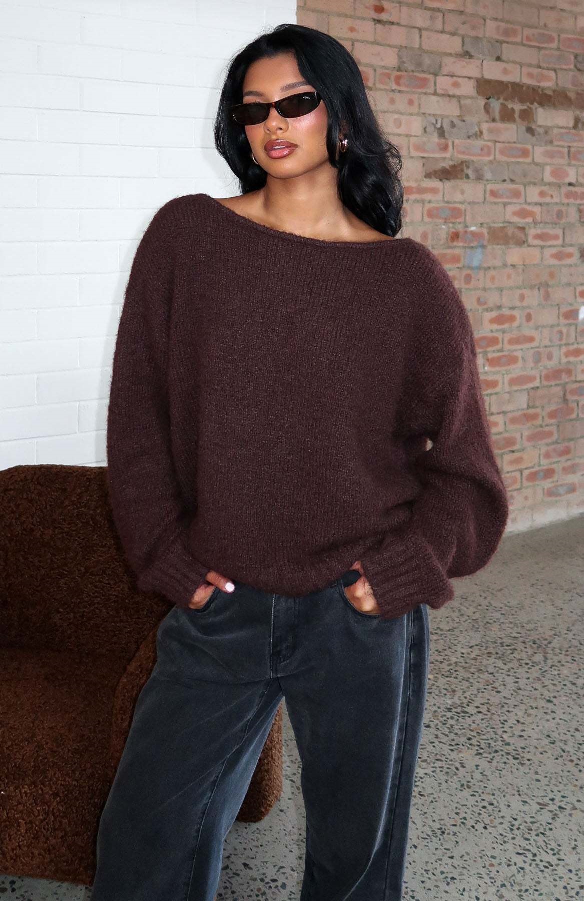 Open-Back Knit Sweater Loose Long-Sleeve Top