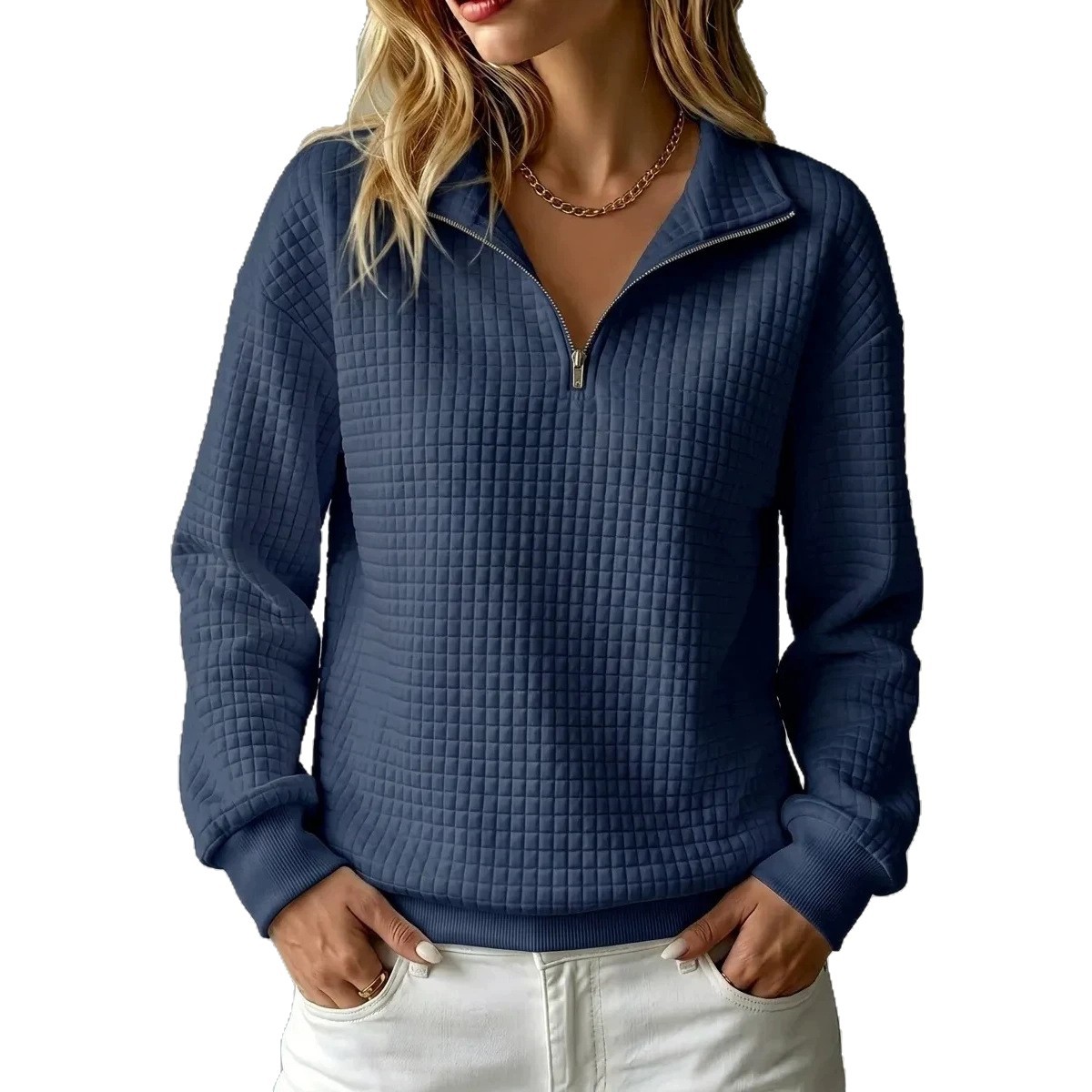 Women's Waffle Knit Zip-Up Stand Collar Long Sleeve Sweatshirt
