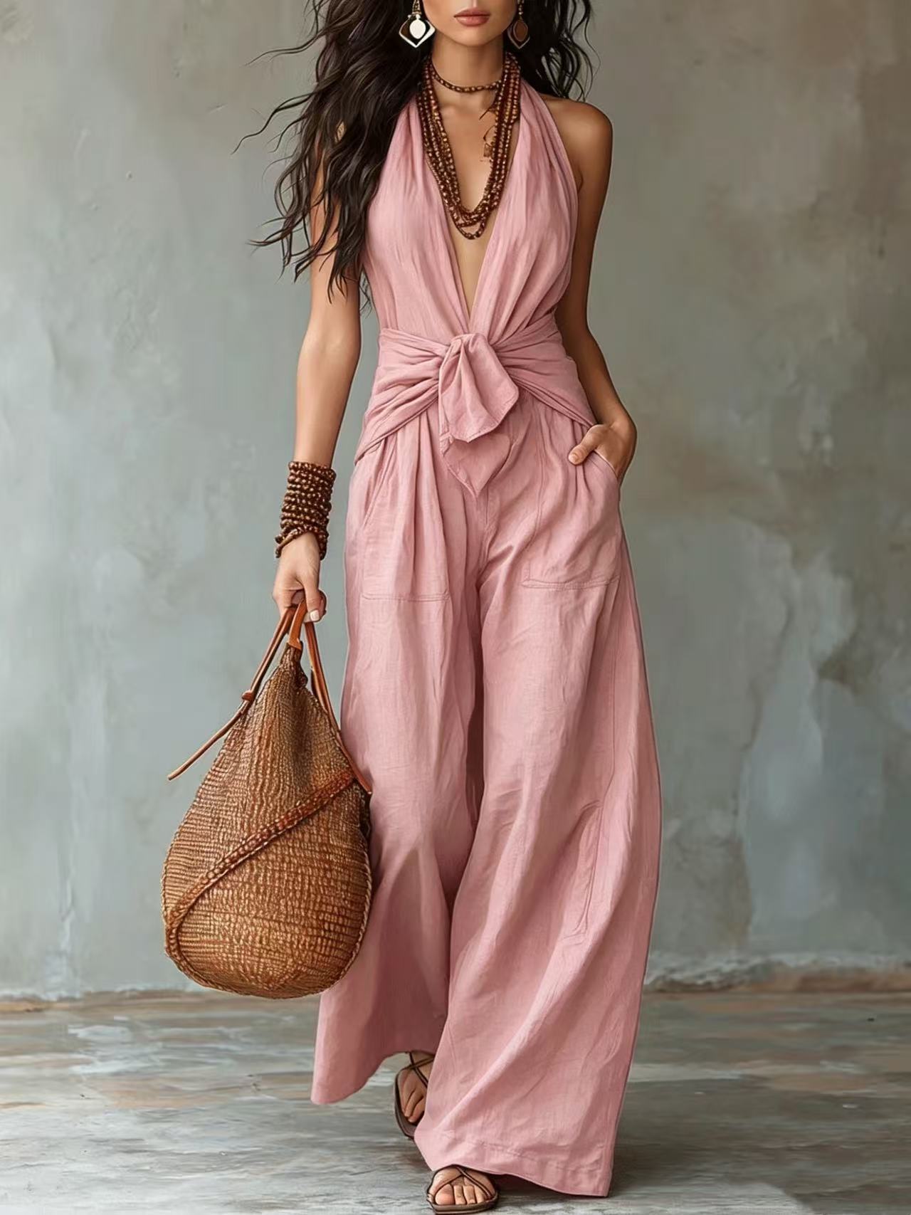 Sleeveless Halter Tie-Waist Wide-Leg Jumpsuit