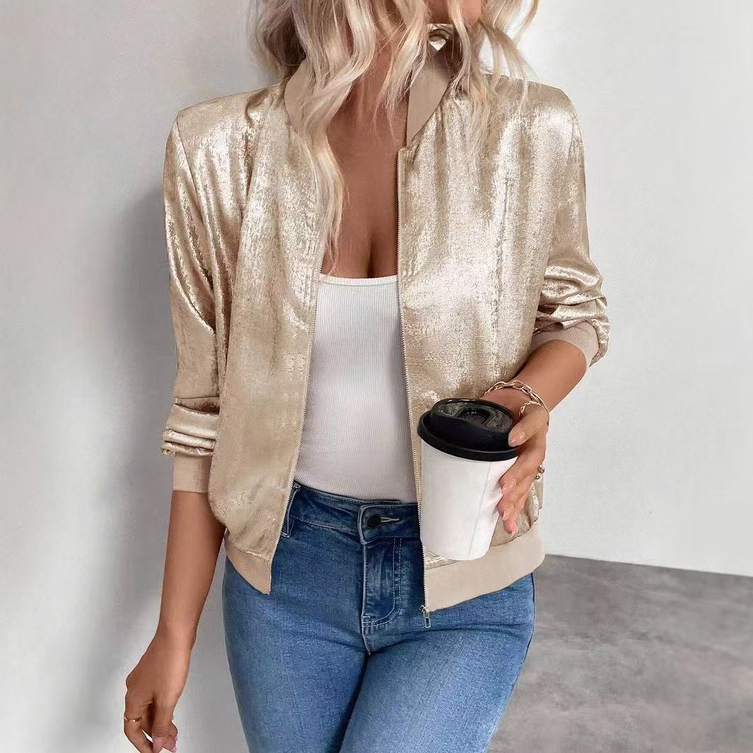 Metallic Velvet Zip Jacket Casual Top