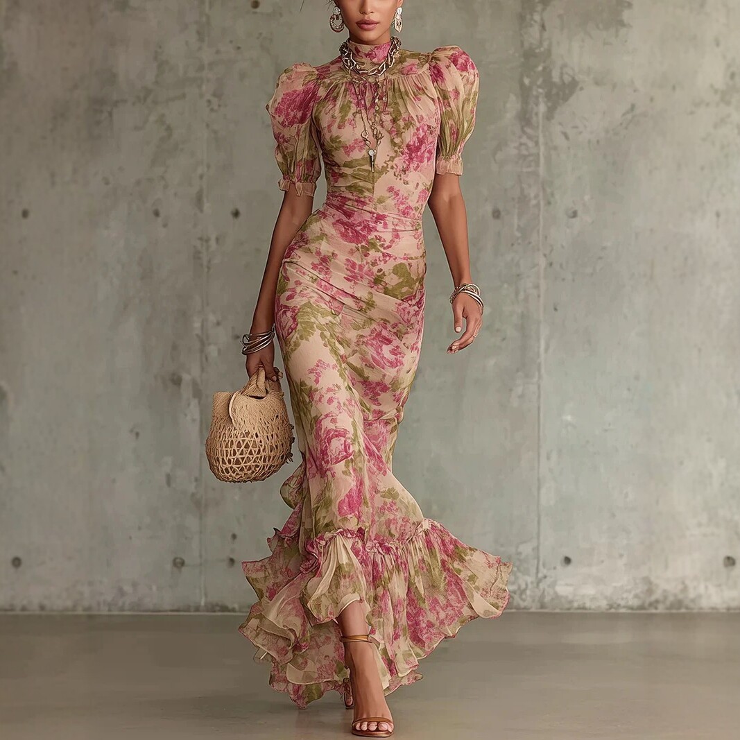 Sexy Mesh Print Mermaid Dress Off-Shoulder Short Sleeve