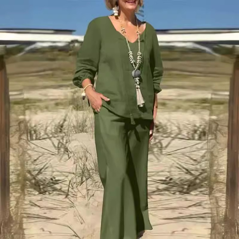 Women's Cotton-Linen Two-Piece Set Solid Color Loose Casual Long Pants