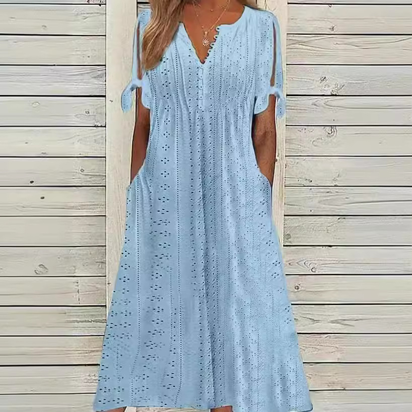 Women's Casual Loose High Waist Embroidered Solid Color Dress