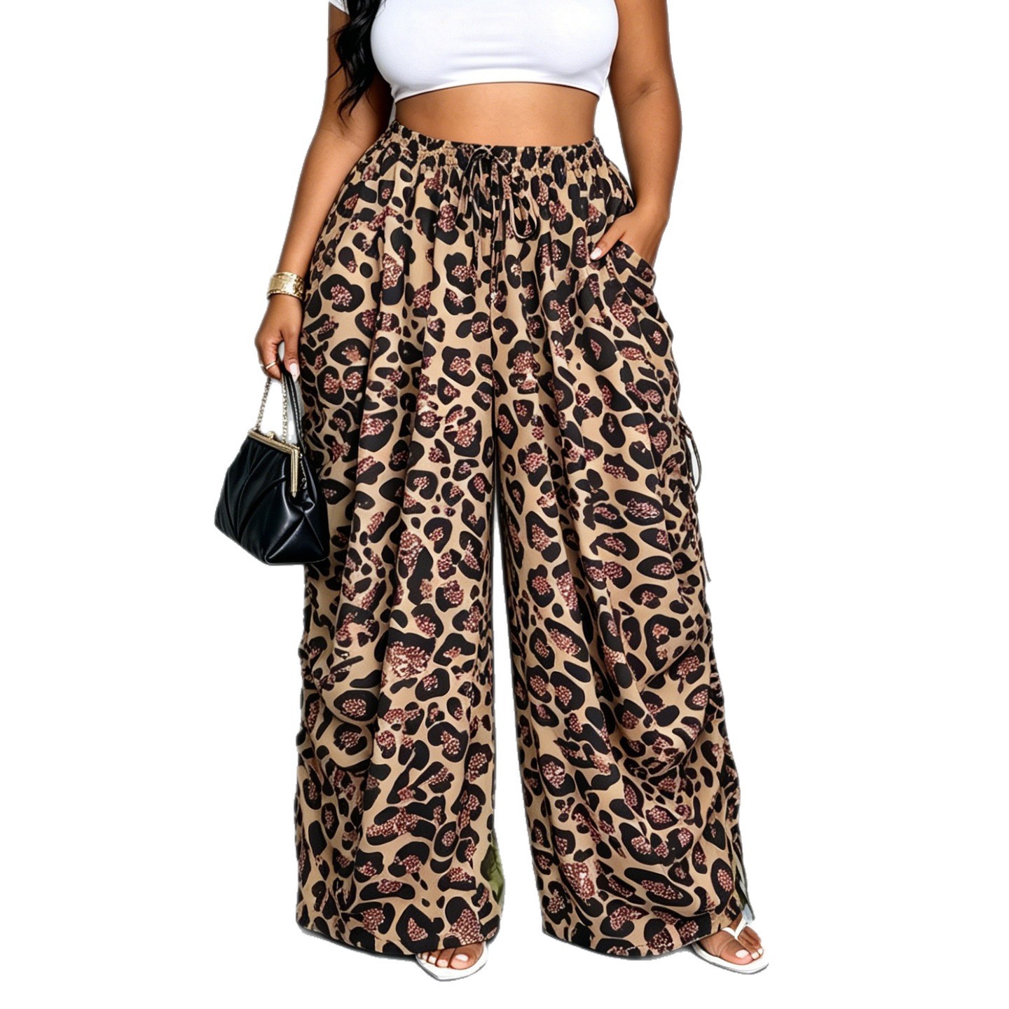 Leopard Print Wide-Leg Harem Pants High Waist Linen-Blend Lightweight