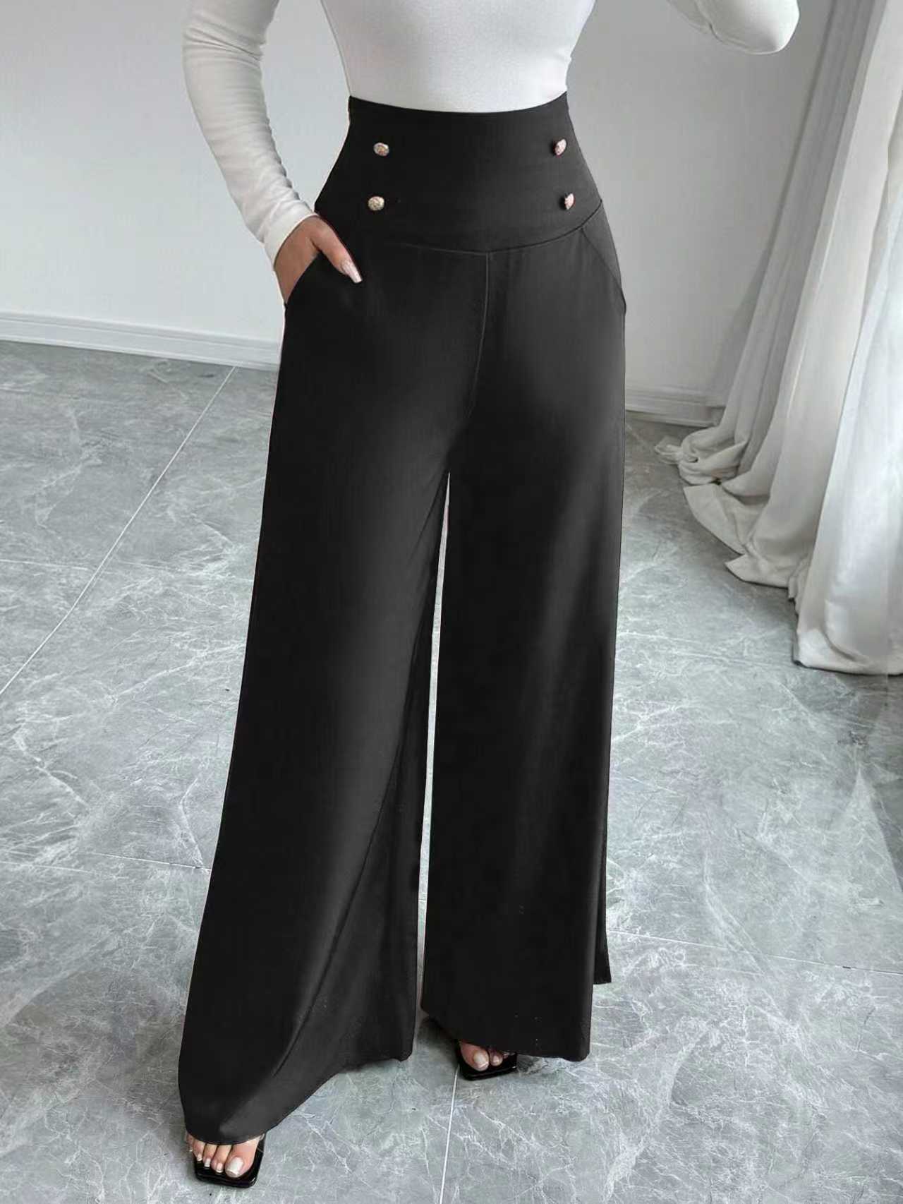 Minimalist High-Waist Tummy-Control Black Wide-Leg Pants with Pockets for Work