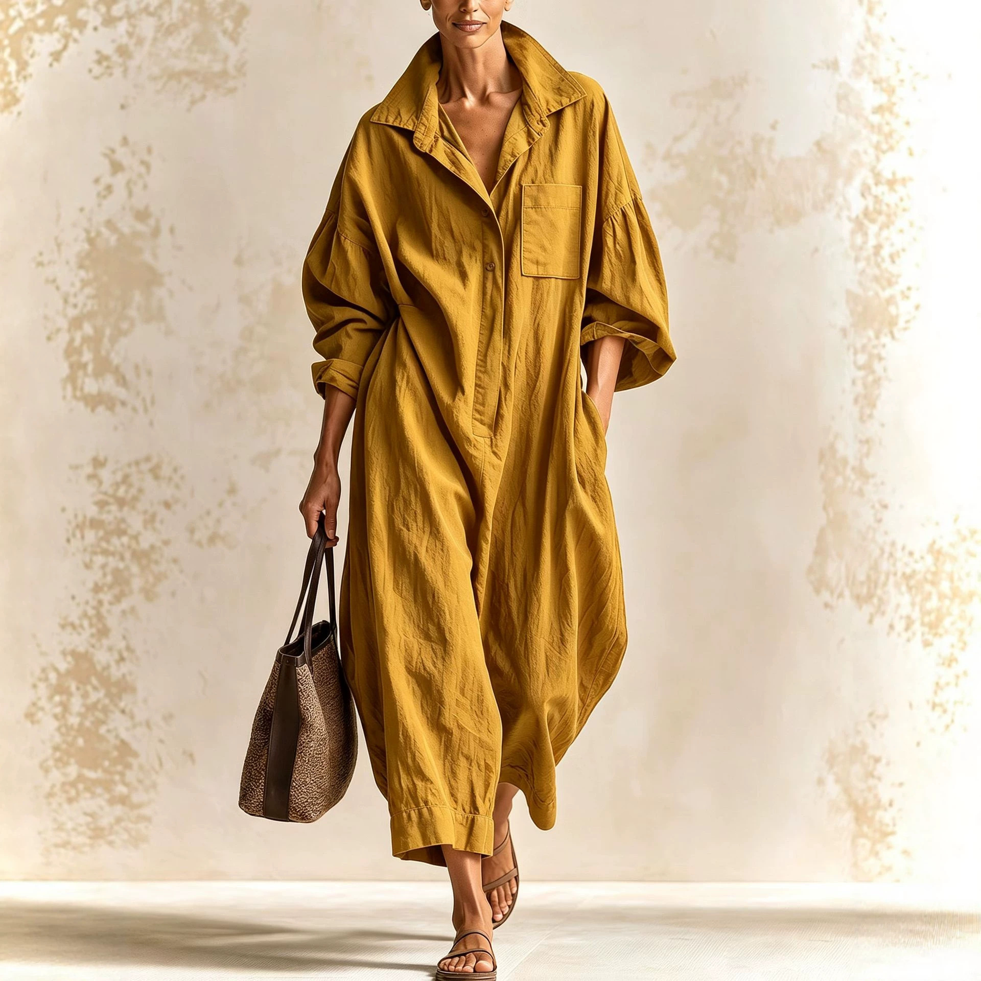 Cotton-Linen Collared Long-Sleeve Wide-Leg Jumpsuit