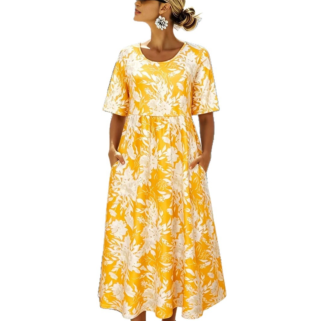 Women's Floral Print Ruched Midi Dress Crew Neck Half Sleeve