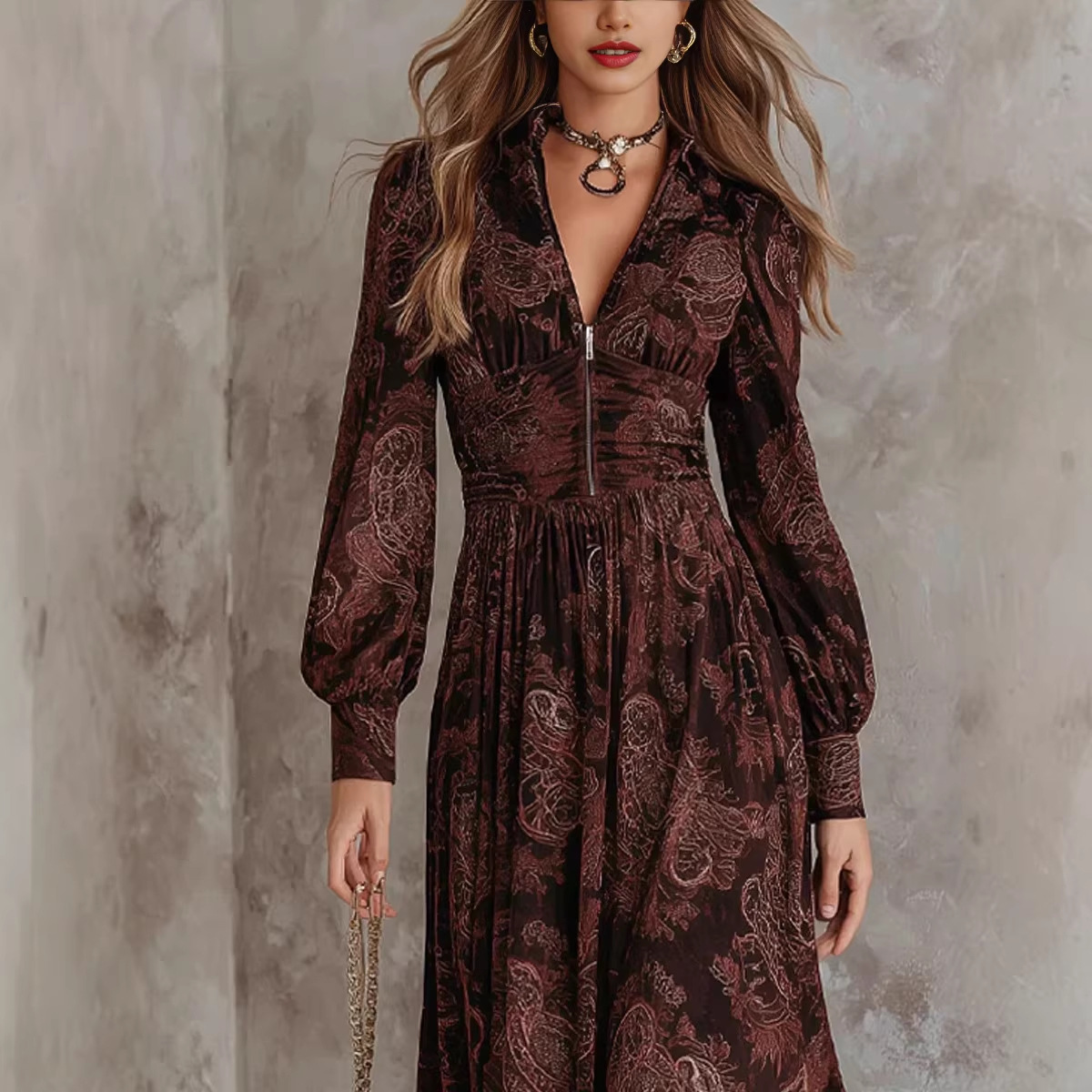 Women's V-Neck Pleated Digital Print Midi Dress with Zipper