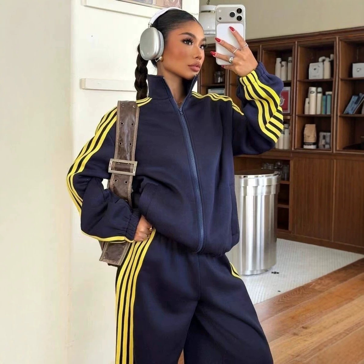 Women's Cotton Colorblock Striped Tracksuit with Zip-Up Cropped Jacket and Wide-Leg Pants