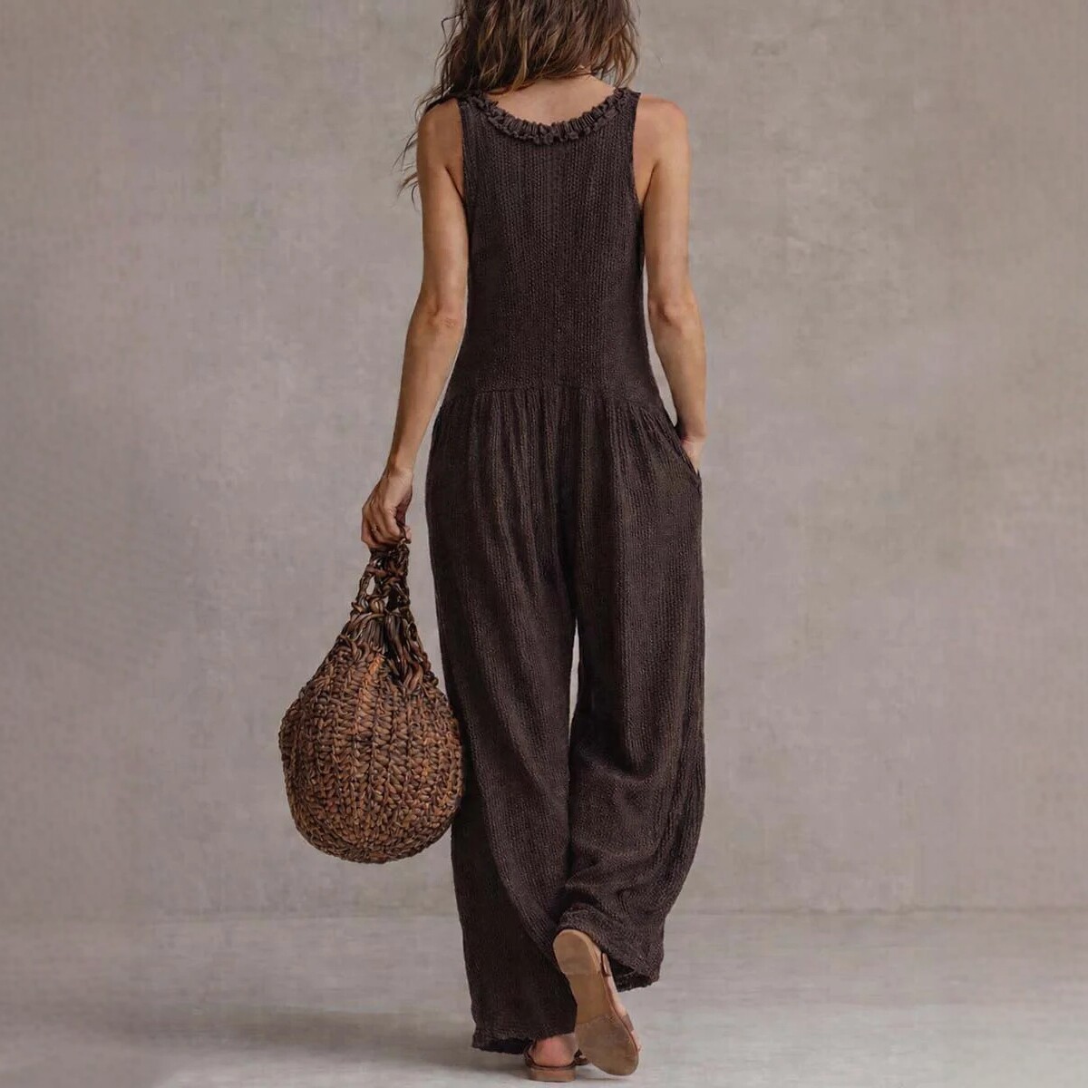 V-Neck Sleeveless Wide-Leg Knit Jumpsuit