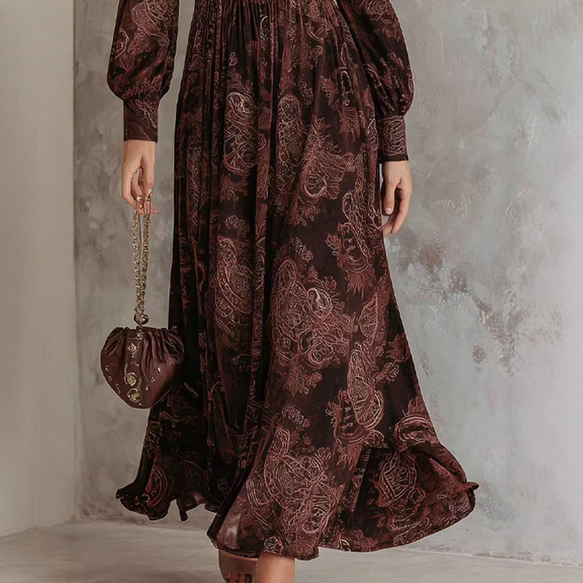 Retro Floral Print Long Sleeve V-Neck Cinched Waist Bubble Sleeve Long Dress