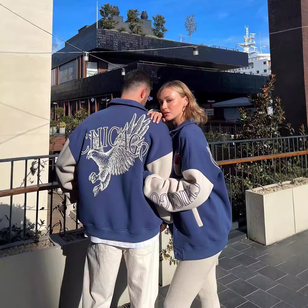 Animal Print Button-Front Baseball Cardigan Sweatshirt for Couples