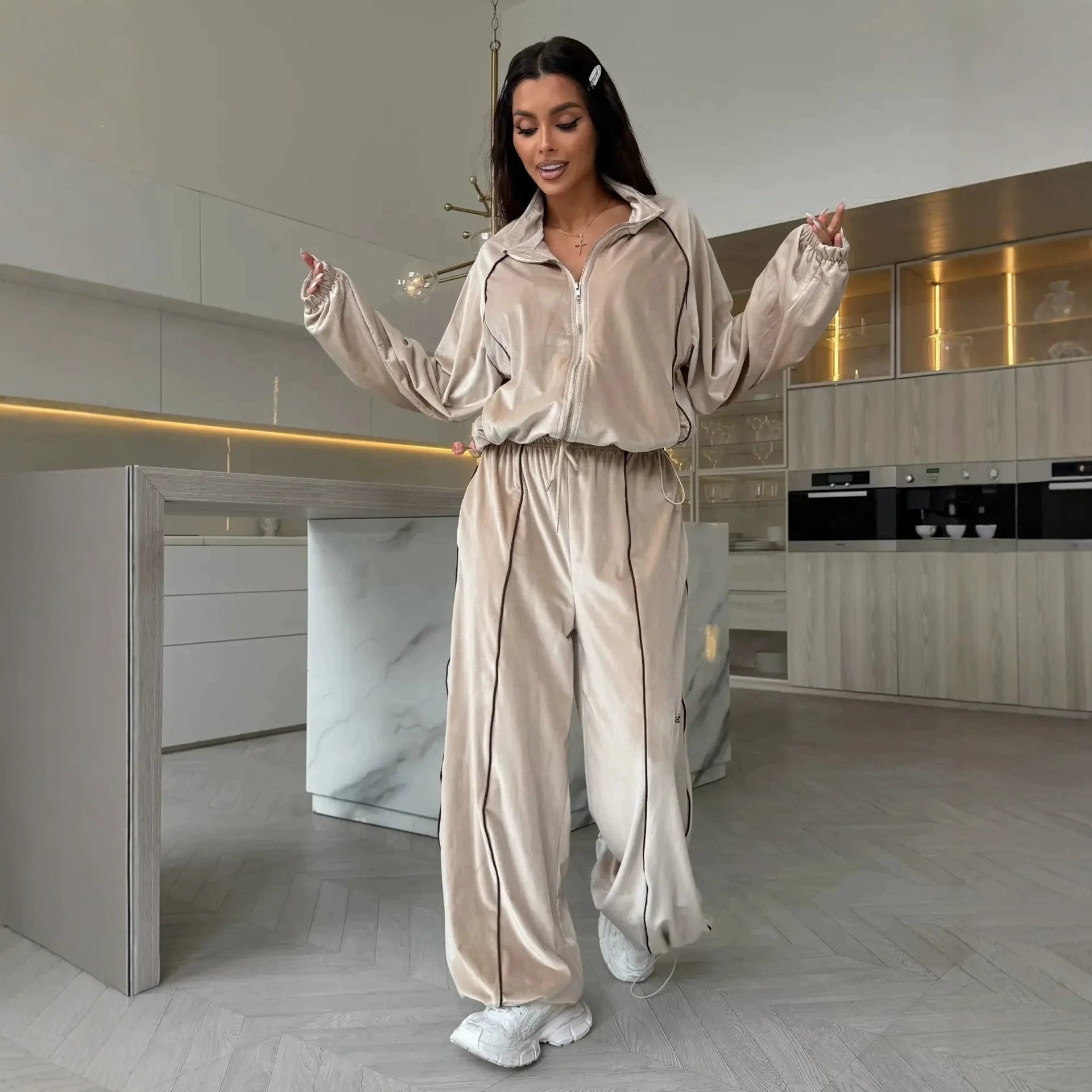 Velvet Striped Track Set with Zip-Up Stand Collar Jacket and Drawstring Wide-Leg Pants