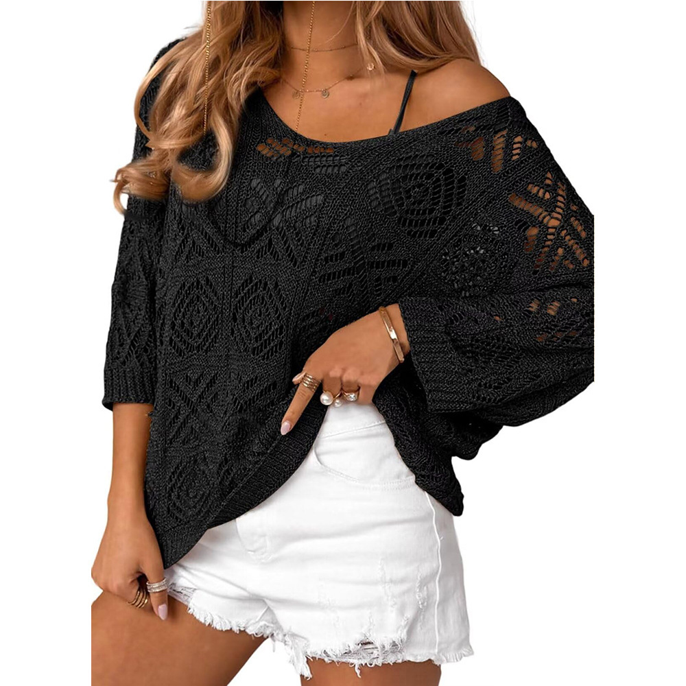 V-Neck Hollow-Out Loose 3/4 Sleeve Sweater Beach Cover-Up