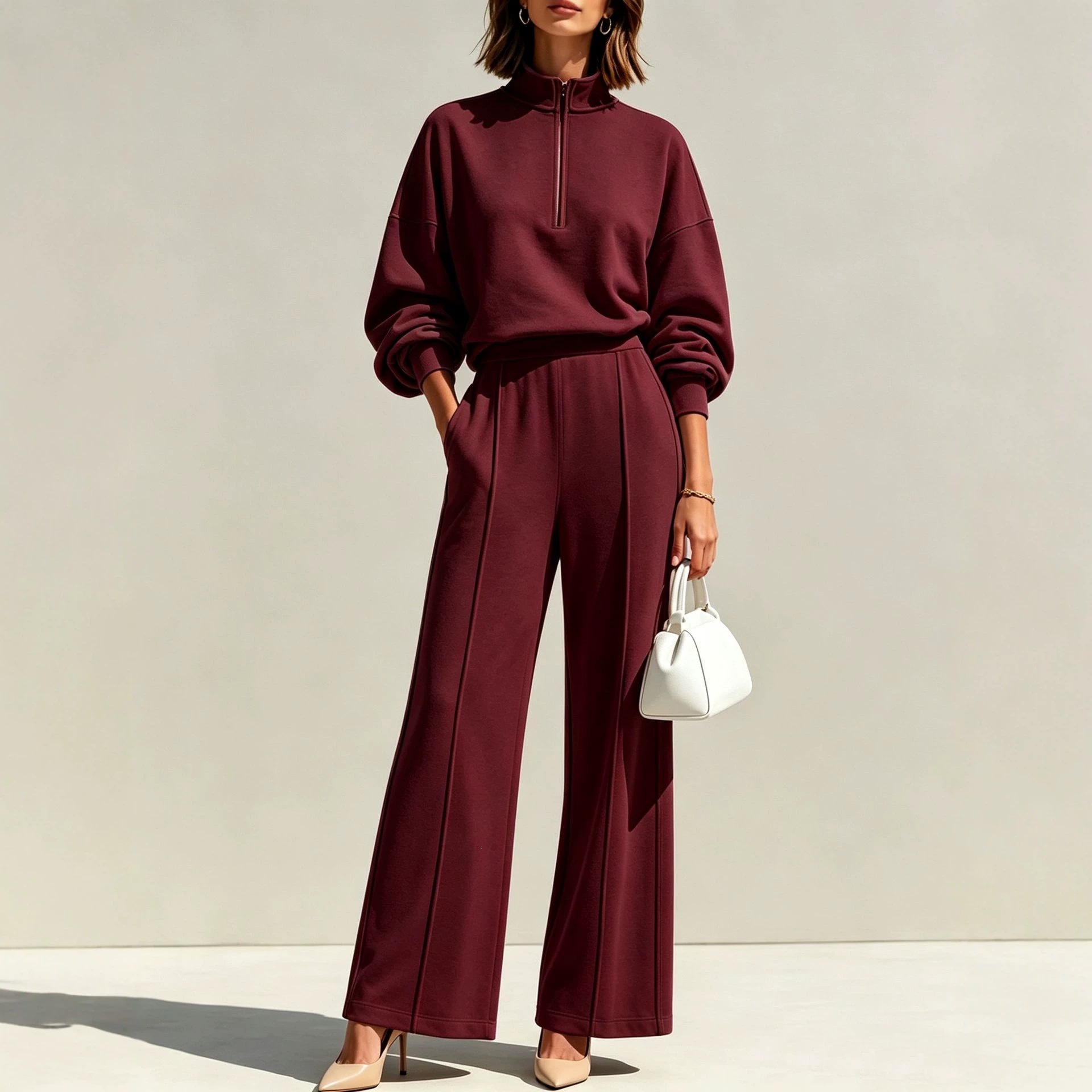 Women's Two-Piece Half-Zip Stand Collar Sweatshirt and High-Waist Wide-Leg Pants Set