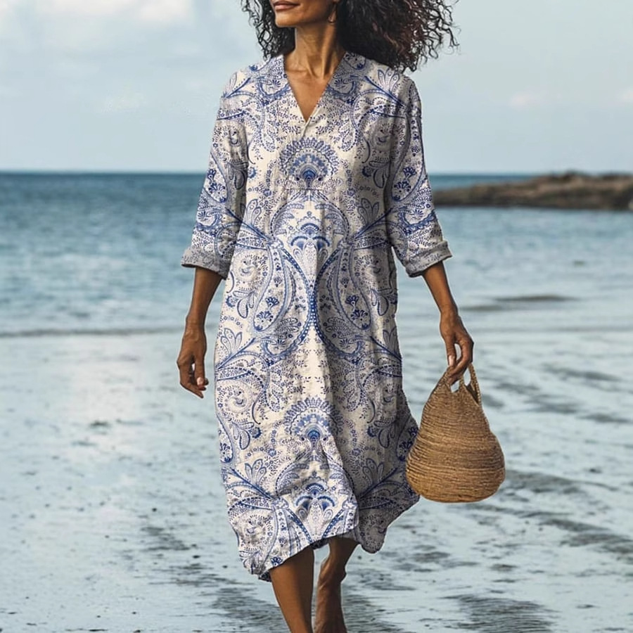 V-Neck Short-Sleeve Printed Midi Dress