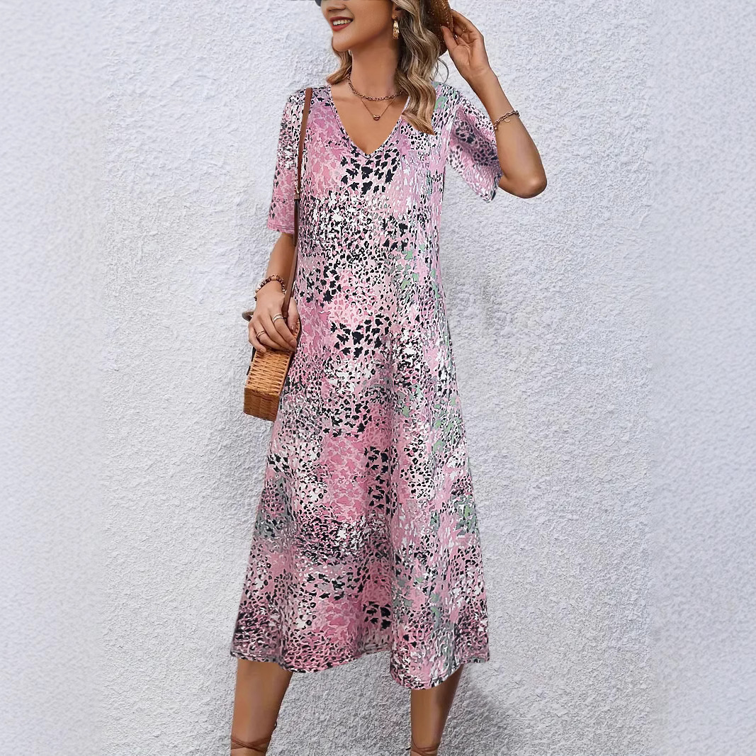 Floral Print V-Neck Short Sleeve Midi Dress