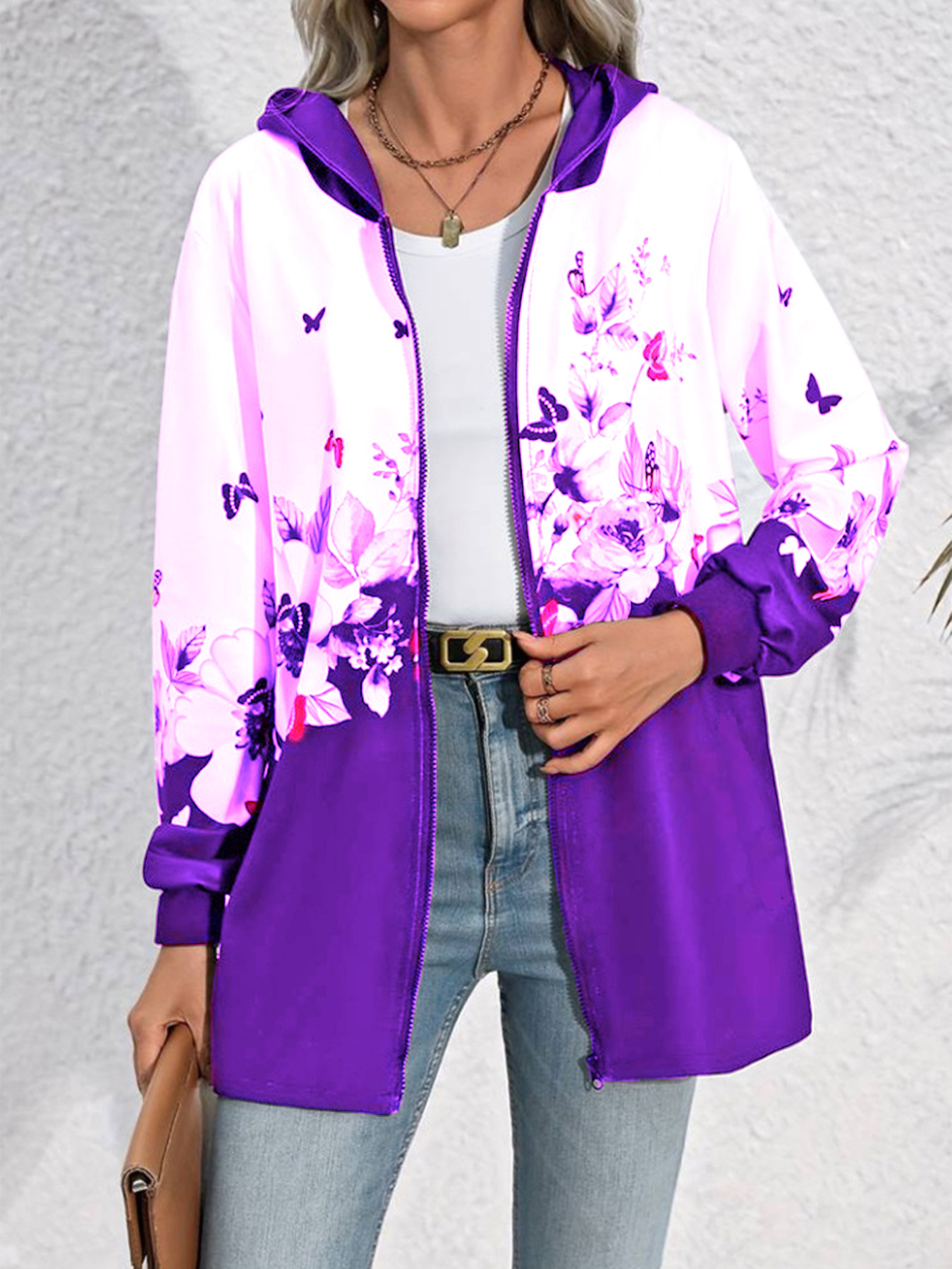 Women's Casual Printed Zip-Up Hooded Mid-Length Jacket