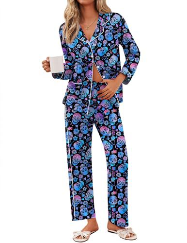Women's Cuban Collar Plaid Skull Print Long Sleeve Top Set