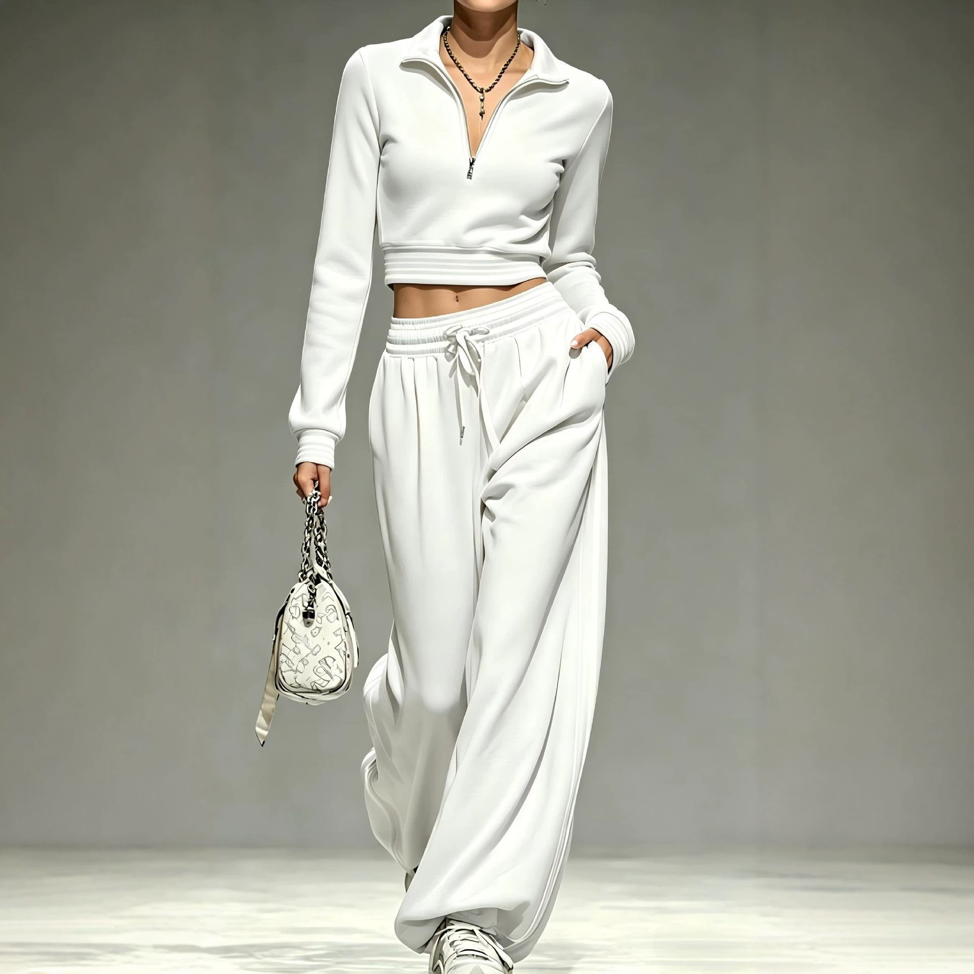 Solid Color Zip-Front Collared Women's Two-Piece Pants Set