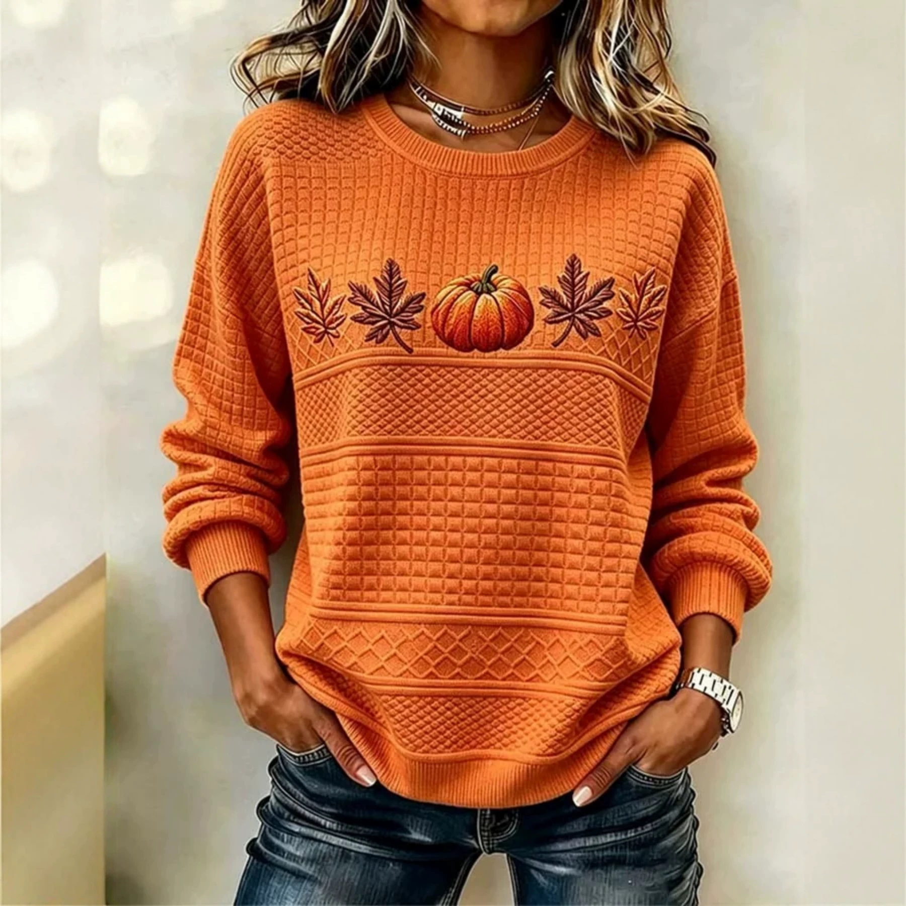 Pumpkin Maple Leaf Waffle Print Crewneck Long-Sleeve Women's Sweatshirt