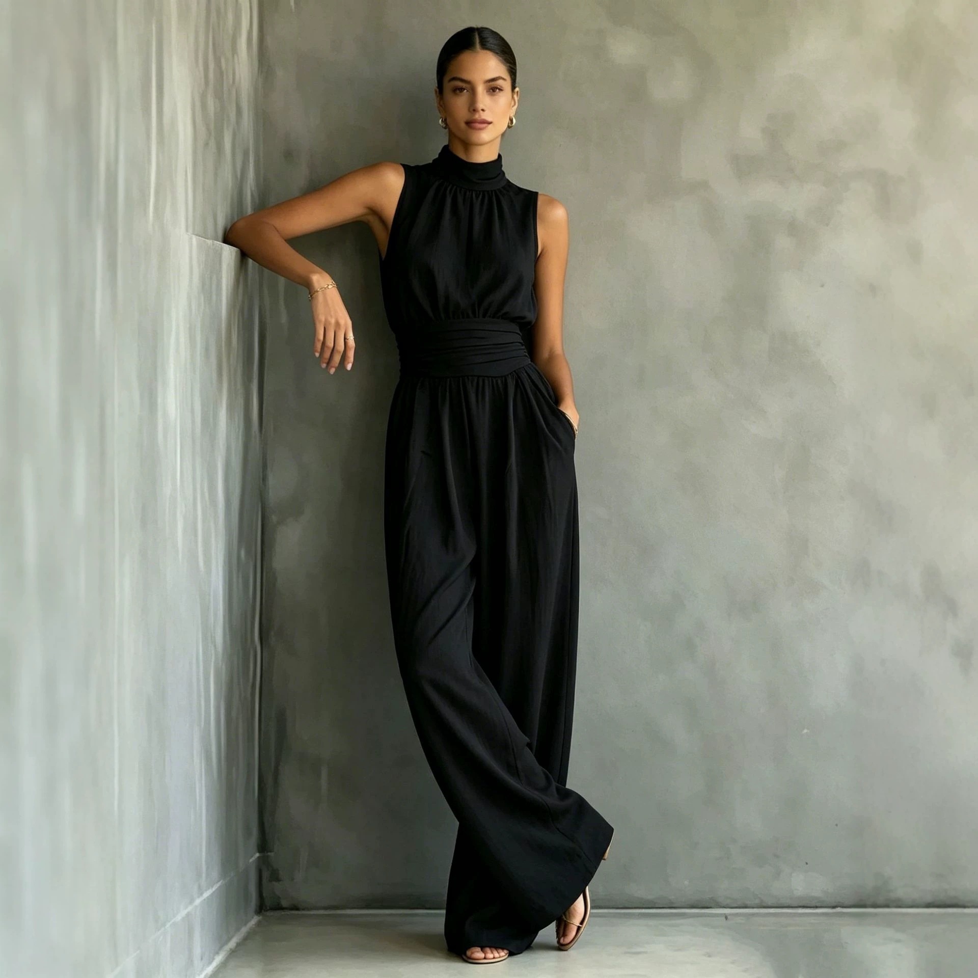 Women's Sleeveless Mock Neck Wide Leg Jumpsuit Solid Casual Long Pants