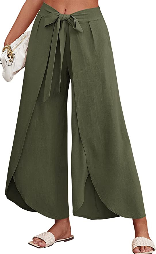 Boho High-Waist Split Wide-Leg Pants with Belt