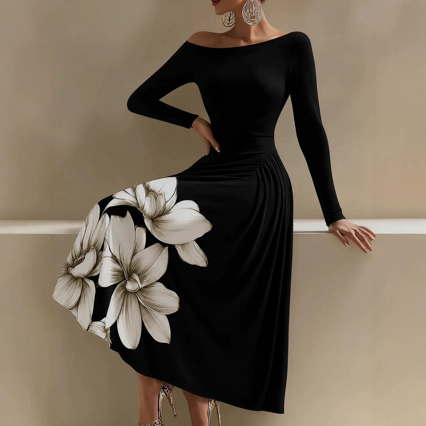 Off-Shoulder Black Floral Midi Dress with Long Sleeves and Side Ruching