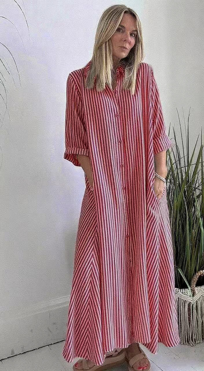 Striped Collared Midi Dress with Three-Quarter Sleeves and Button Front