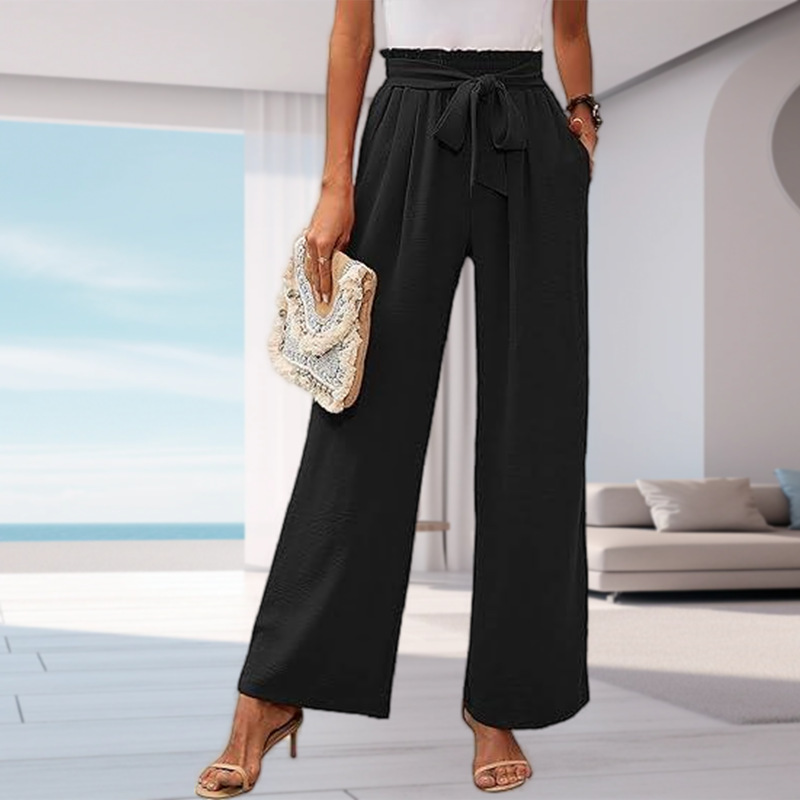 Women's High-Waist Wide-Leg Pants with Pockets Solid Color