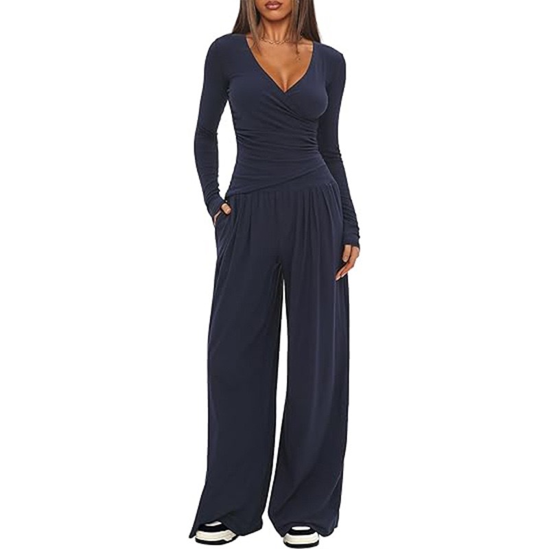Women's Wide-Leg Pants Set Long Sleeve Solid Color Two-Piece Outfit
