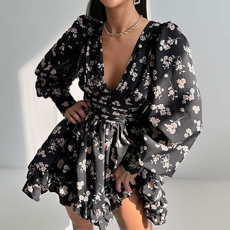 Elegant French Vacation Floral Ruffle Dress
