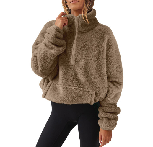 Fleece-Lined Half-Zip Stand Collar Sweatshirt for Women