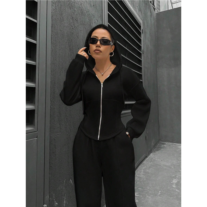 Women's Hooded Zip-Up Sweatshirt and Wide-Leg Pants Two-Piece Set