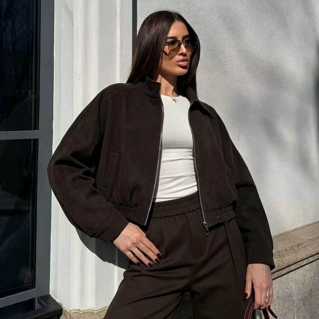 Women's Solid Color Stand Collar Bomber Jacket