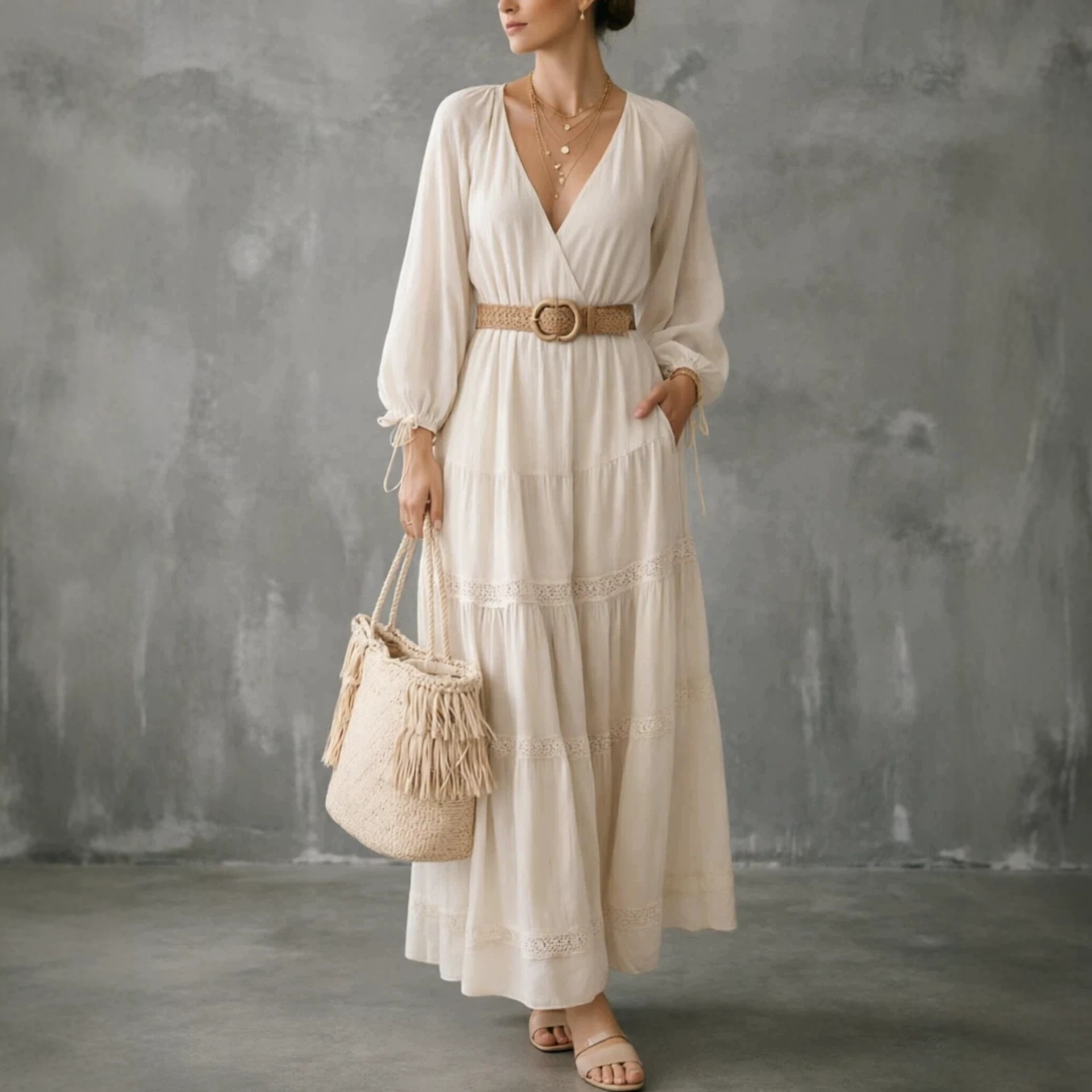 V-Neck Lace Panel Long Sleeve Midi Dress