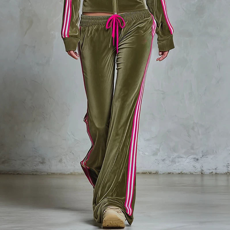 Women's Velvet Tracksuit Set High Neck Zip Jacket & Wide Leg Pants 2-Piece