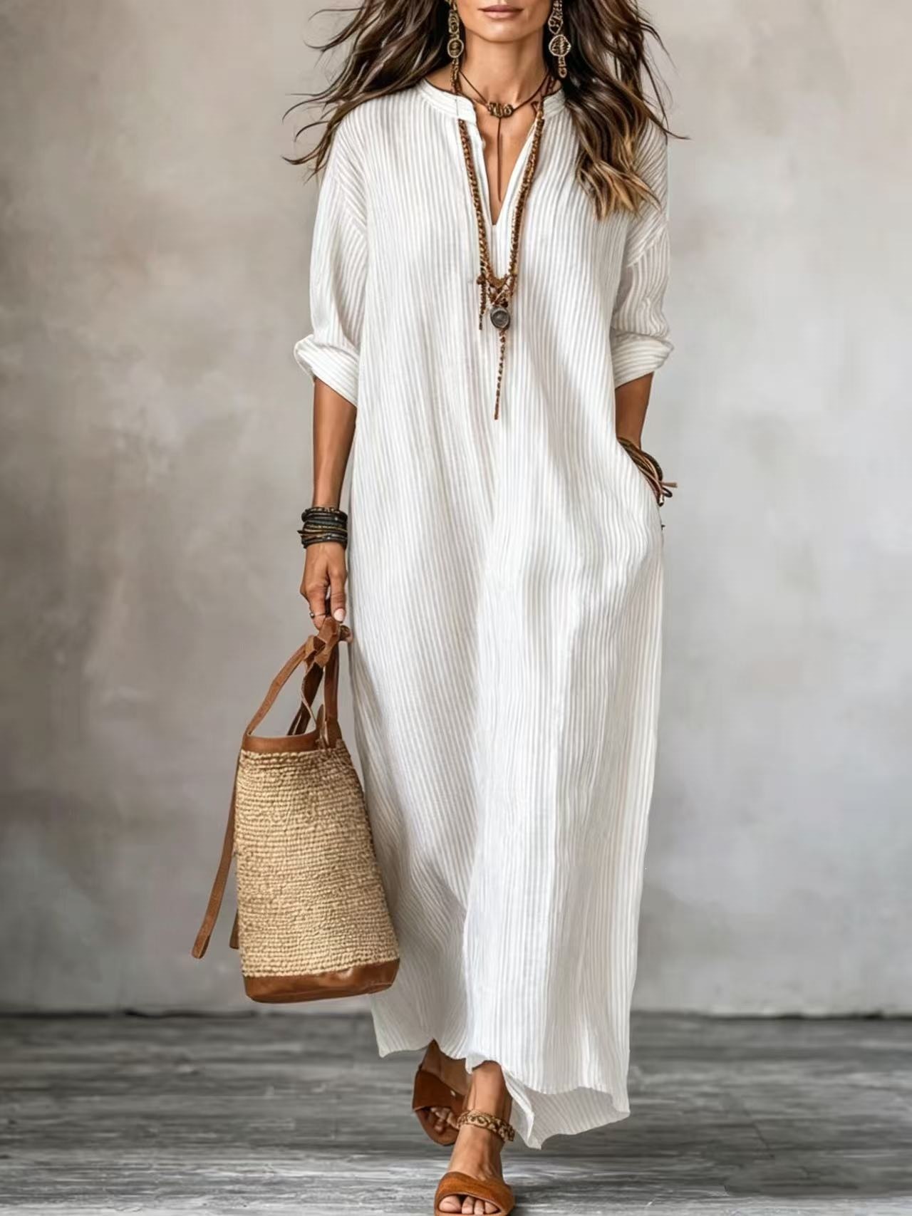 V-Neck Striped Loose Casual Dress